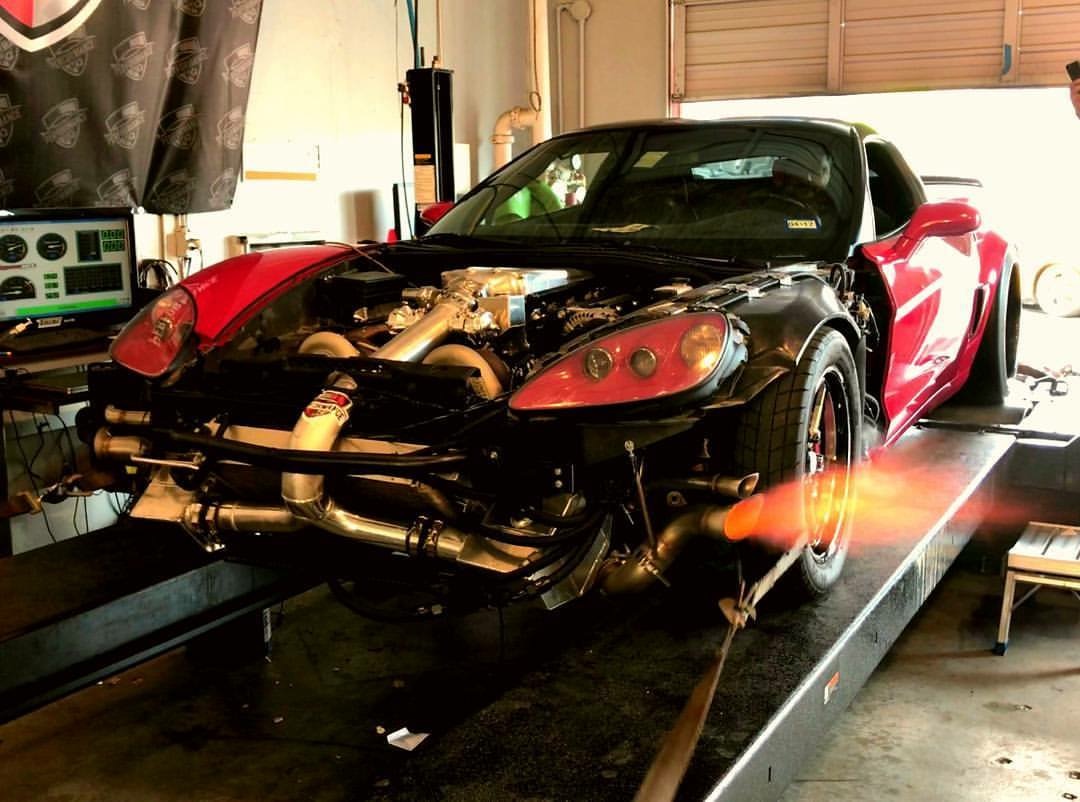 Twin-turbo Corvette C6 on the in-house Dynojet, flames out the exhaust during a high-load pull