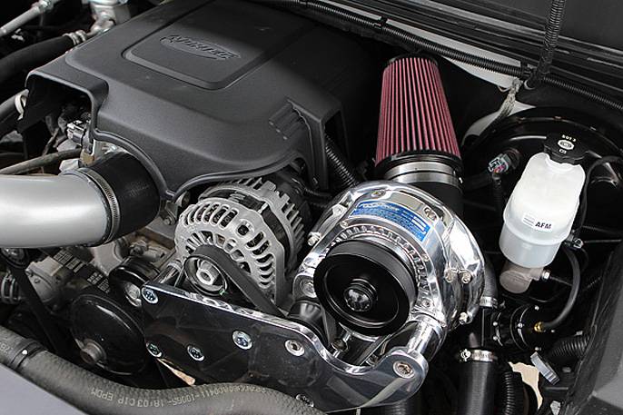 Procharger centrifugal supercharger installed on a GM LS V8 — clean polished bracket, K&N filter
